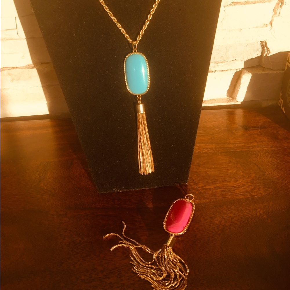 Gold Chain Necklace with Two Glass Jewel Pendants